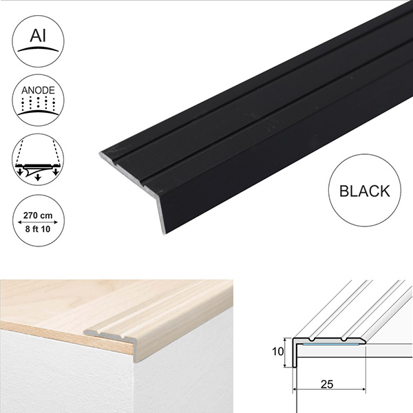 25mm x 10mm Aluminium Non Slip Stair Nosing Rubust Trim Drilled for Stairs Protection