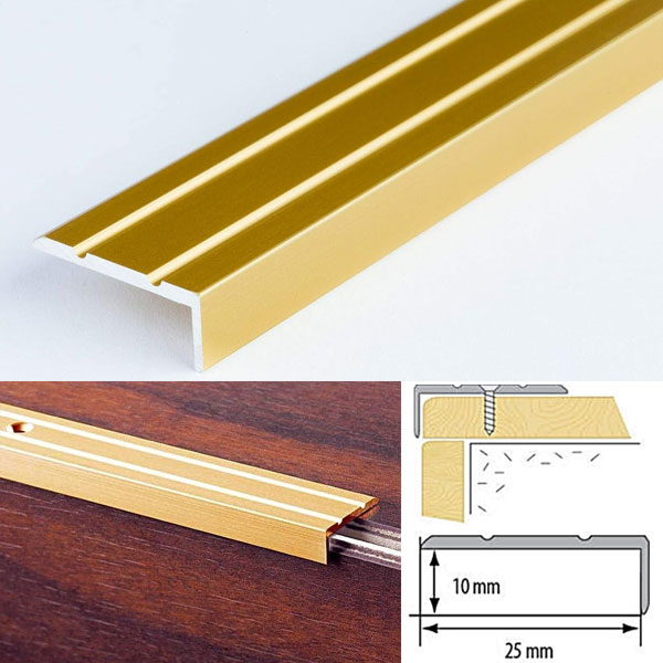 25mm x 10mm Aluminium Non Slip Stair Nosing Rubust Trim Drilled for Stairs Protection