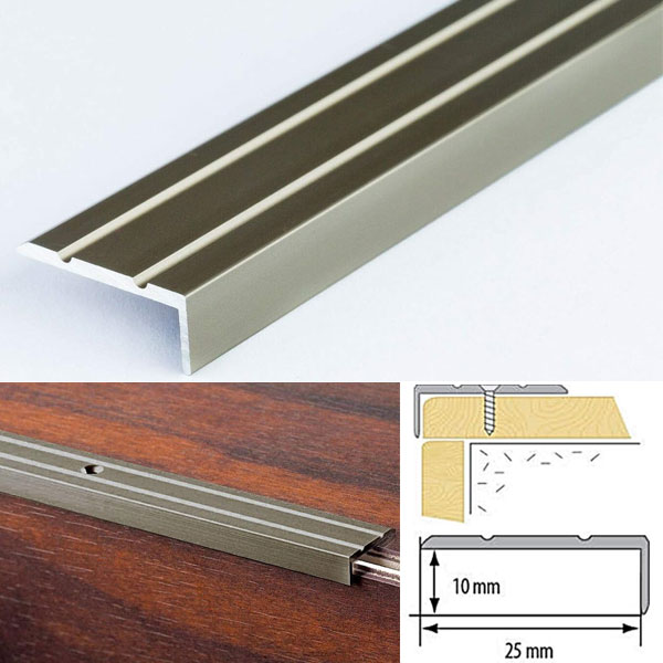 25mm x 10mm Aluminium Non Slip Stair Nosing Rubust Trim Drilled for Stairs Protection