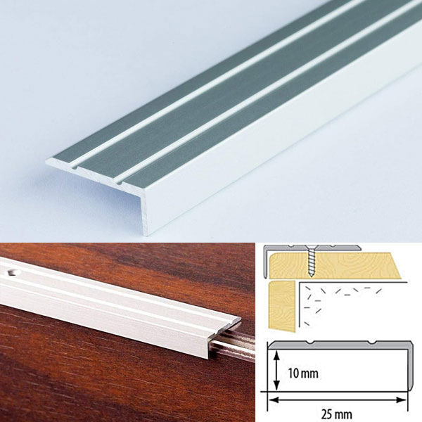 25mm x 10mm Aluminium Non Slip Stair Nosing Rubust Trim Drilled for Stairs Protection