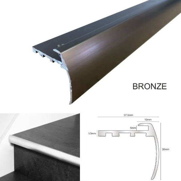 37.5mm x 35mm TVB Anodised Aluminium Bull Nose LVT Stair Nosing Edge Profile For 5mm Flooring