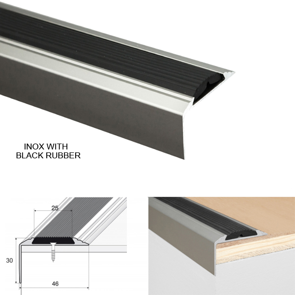 46mm x 30mm Aluminium Stair Nosing Edge Trim With Anti-Slip Rubber Insert