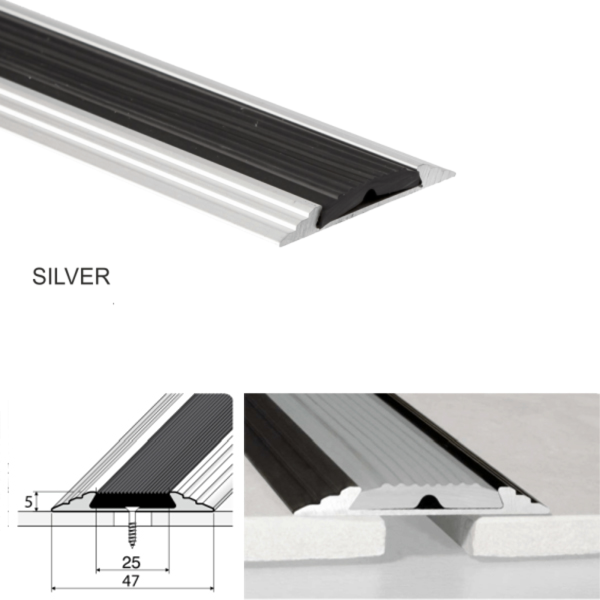 50mm Wide Aluminium Flat Non Slip Door Threshold Profile With Rubber Insert