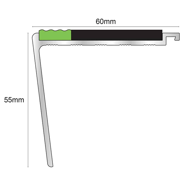 60mm x 55mm Rakeback Alumintaor Stair Nosing With Tredsafe PVC Insert Step Edge Protection