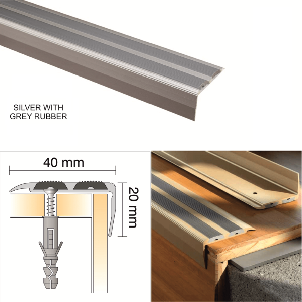 Aluminium Anti Slip Screw Fix Stair Edge Nosing Trim For Wooden, Laminate, Carpet, Vinyl or Tiled stairs 