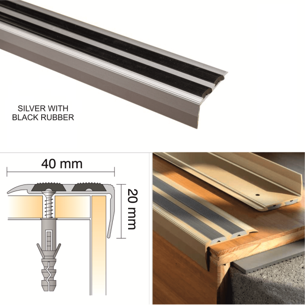 Aluminium Anti Slip Screw Fix Stair Edge Nosing Trim For Wooden, Laminate, Carpet, Vinyl or Tiled stairs 