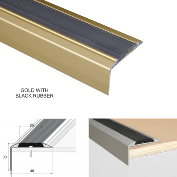 46mm x 30mm Aluminium Stair Nosing Edge Trim With Anti-Slip Rubber Insert