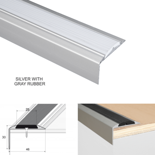 46mm x 30mm Aluminium Stair Nosing Edge Trim With Anti-Slip Rubber Insert