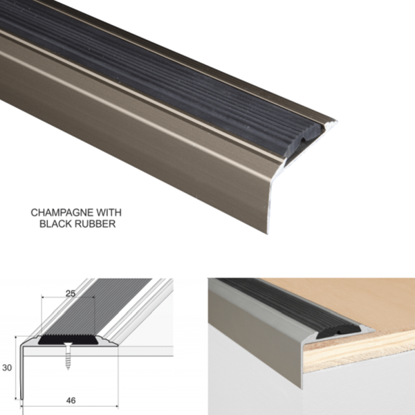 46mm x 30mm Aluminium Stair Nosing Edge Trim With Anti-Slip Rubber Insert