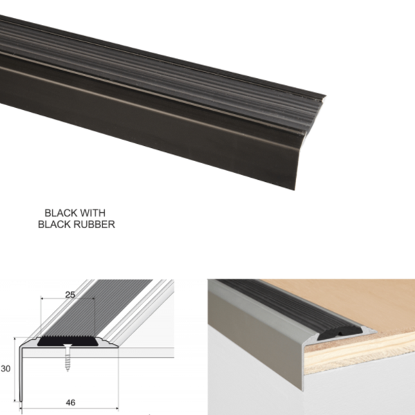 46mm x 30mm Aluminium Stair Nosing Edge Trim With Anti-Slip Rubber Insert