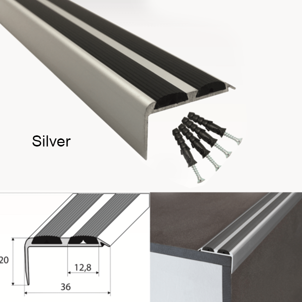 36mm x 20mm Aluminium Stair Nosing Edge Trim With Rubber Inserts