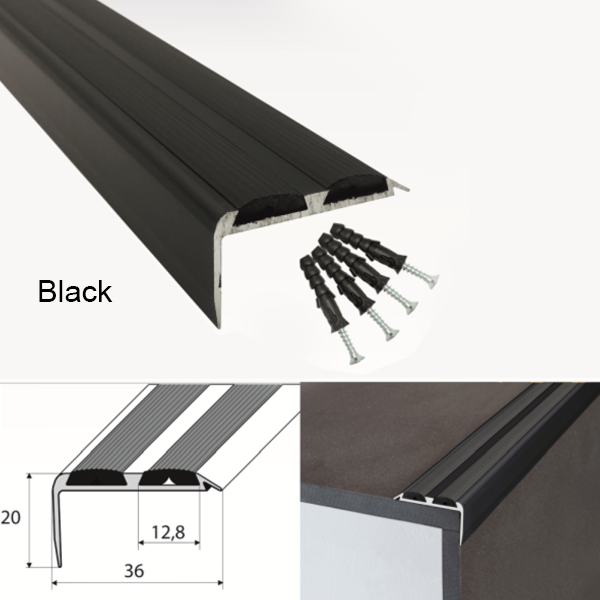 36mm x 20mm Aluminium Stair Nosing Edge Trim With Rubber Inserts