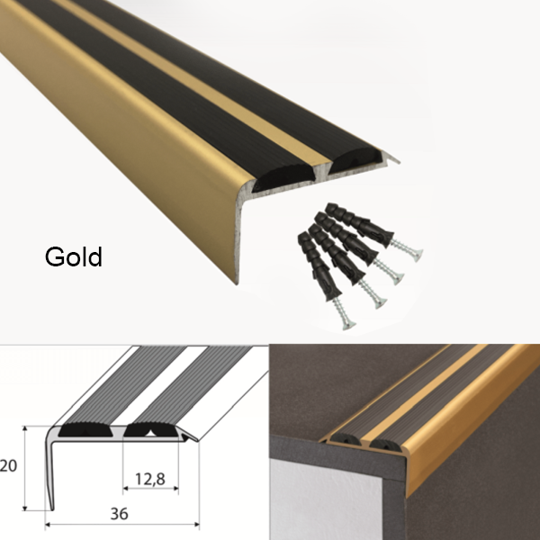 36mm x 20mm Aluminium Stair Nosing Edge Trim With Rubber Inserts