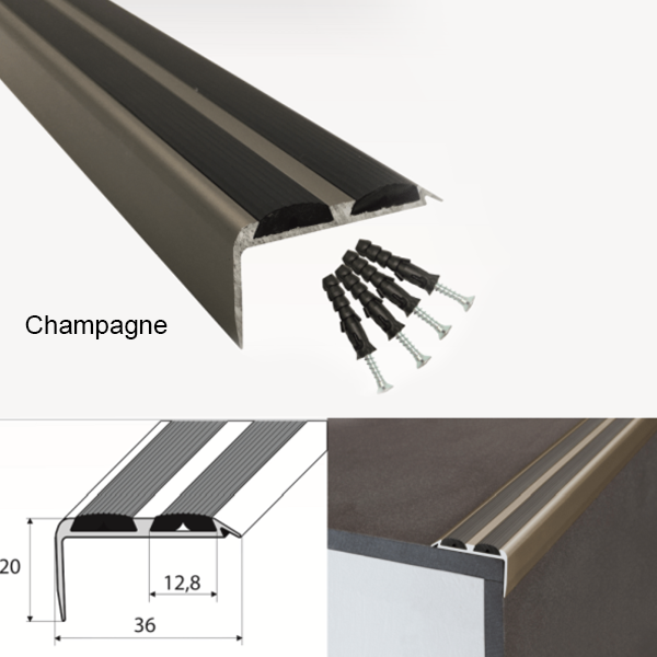 36mm x 20mm Aluminium Stair Nosing Edge Trim With Rubber Inserts