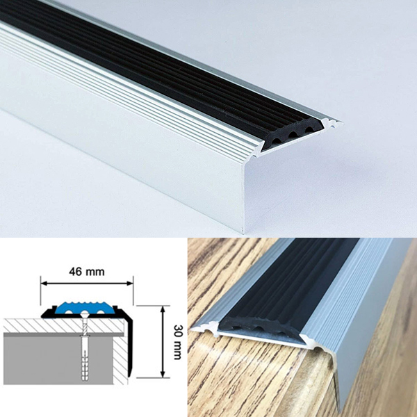 Anti-Slip Rubber Insert Anodised Aluminium Step Trim Edging Stair Nosing 