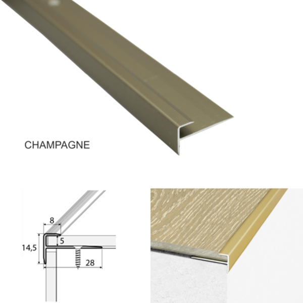 28mm x 14.5mm Aluminium Stairs Nosing For Luxury Click Vinyl For 5mm Flooring Non Slip