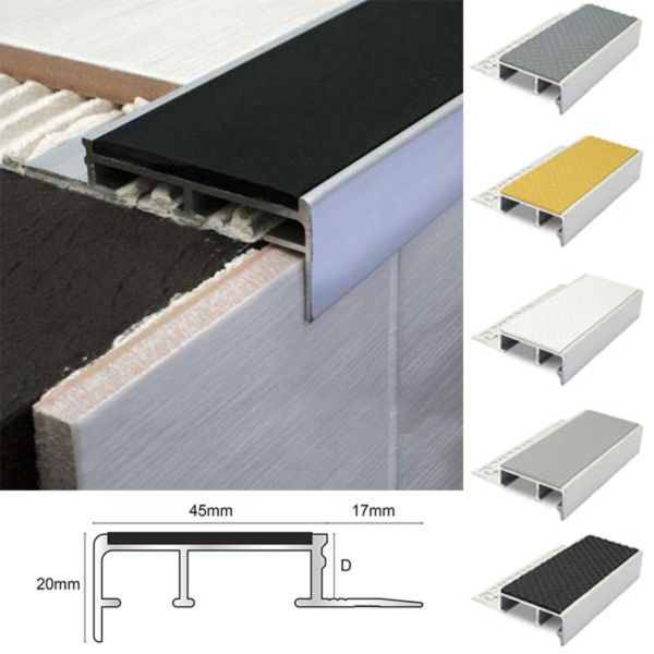 20mm x 45mm Ceramic Tile-In Stair Nosing For 12.5mm Flooring With Tredsafe PVC Insert