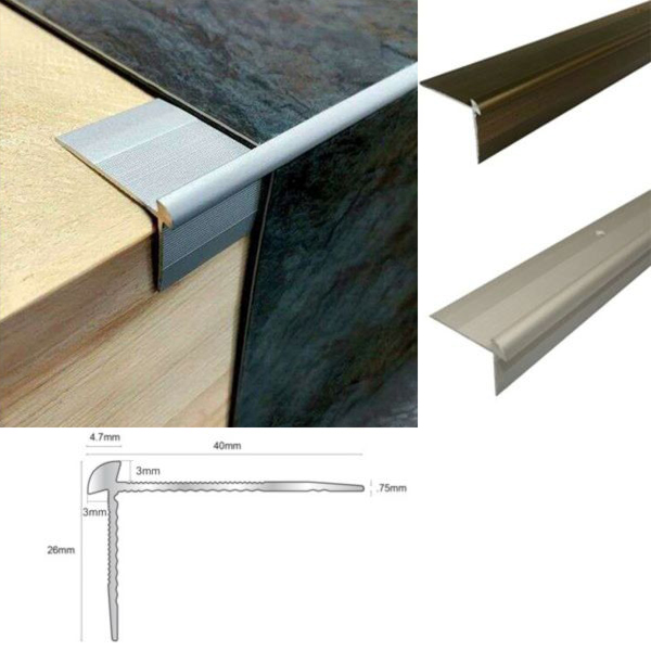 40mm x 26mm Anodised LVT Aluminium  Stair Nosing Edge Profile For 3mm Flooring