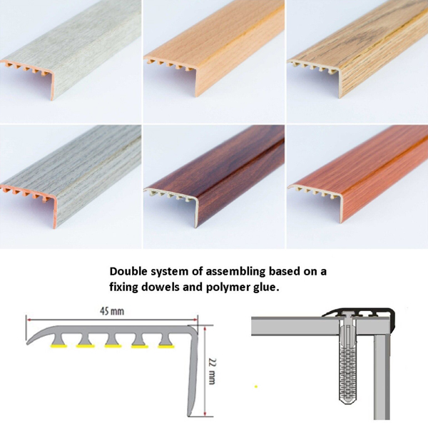 45mm x 22mm Wood Effect UPVC Stair Edge Trim Nosing For Wooden & Laminate Stairs