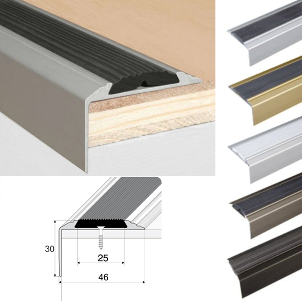 46mm x 30mm Aluminium Stair Nosing Edge Trim With Anti-Slip Rubber Insert