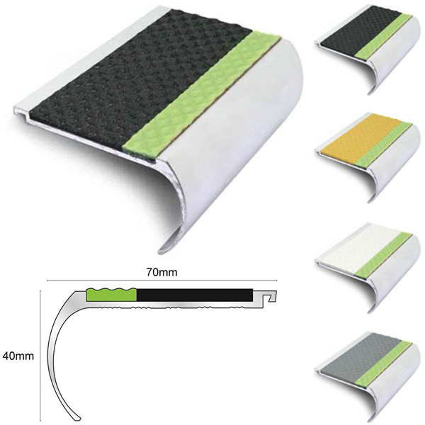 70mm x 40mm Bullnose Stair Nosing With Tredsafe PVC Insert Step Edge Protection