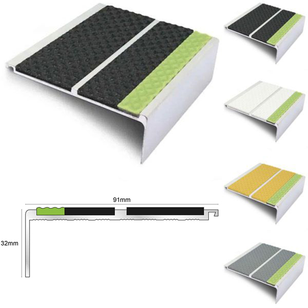 91mm x 32mm Aluminator Stair Nosing With Tredsafe PVC Insert Step Edge Protection