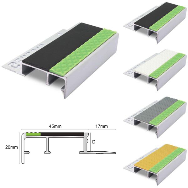 Aluminator Tile-In Stair Nosing For 12.5mm Flooring With Non Slip Tredsafe PVC Insert