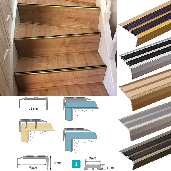 Aluminium Anti Slip Screw Fix Stair Edge Nosing Trim For Wooden, Laminate, Carpet, Vinyl or Tiled stairs 