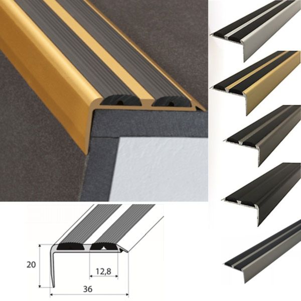 36mm x 20mm Aluminium Stair Nosing Edge Trim With Rubber Inserts